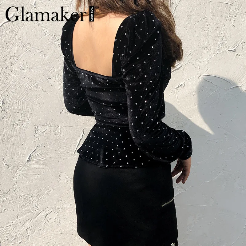 Glamaker, квадратная горловина, длинный рукав, блузка, черная, элегантная, открытая спина, баска, блузка, женская, Осень-зима, в горошек, бархатная, с рюшами, рубашка для женщин