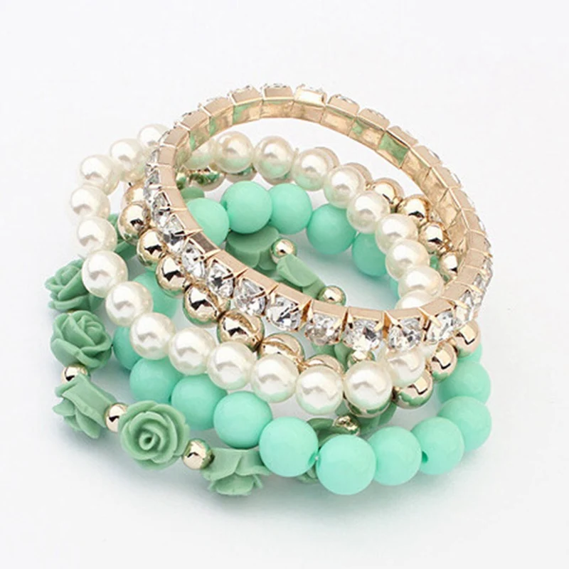 5 шт./компл. в богемном стиле Винтаж мульти-Слои Браслеты 6 цветов модная одежда с украшениями из жемчужин; туфли с цветочными украшениями; обувь подвески эластичный Браслеты браслеты для Для женщин