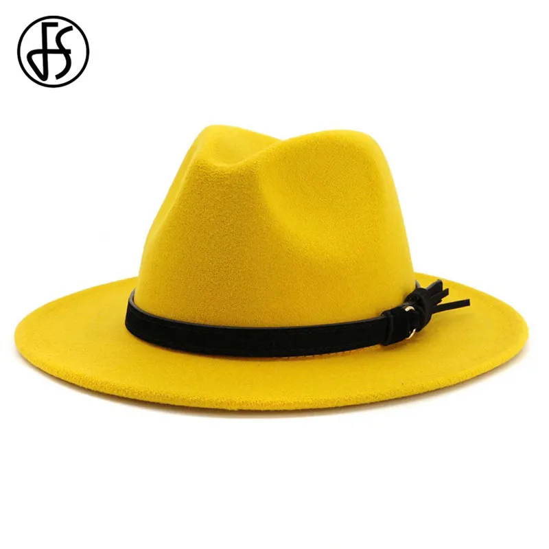FS Женская и мужская широкая шерстяная шляпа Fedora с кожаная лента джентльмен элегантный Леди Зима Осень Джаз Панама сомбреро