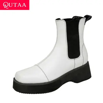 

QUTAA 2021 Platform Sewing PU Leather Ankle Boots Square Heel Slip On Women Shoes Autumn Winter Square Toe Short Boots Size34-43