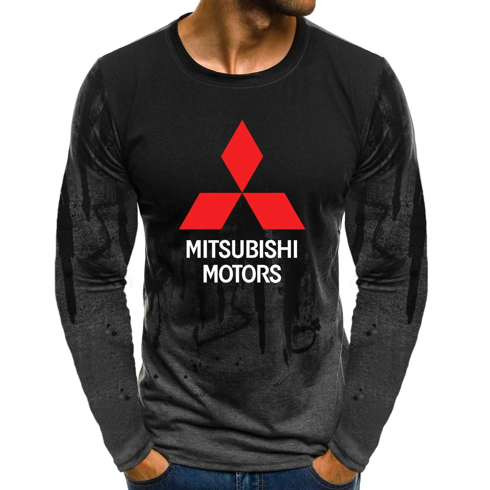 Пуловер с круглым вырезом и градиентом, толстовки с логотипом Mitsubishi Motors, повседневные хлопковые мужские толстовки в стиле хип-хоп, Harajuku, мужская одежда - Цвет: Серый