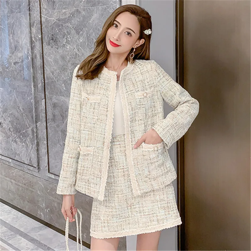 

Autumn Winter Runway High-end Women's Tweed Two-piece Suite Grace Cardigan Nail bead Jacket Coat+ A-type Slim Mini Skirt Suit