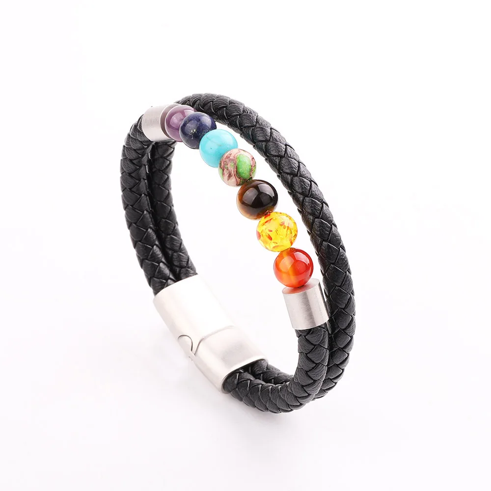 JARAVVI New Design Stainless Steel Magnet Clasp Natural 7 Chakra Energy Stone Genuine Leather Bracelet Men