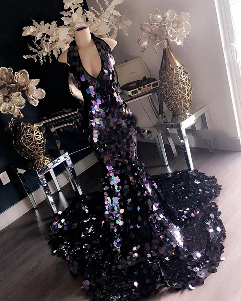 

Sparkly Long Elegant Prom Dresses 2020 Sexy Mermaid V-neck African Black Girl Sequin Evening Gowns Formal Party Dress Abendkleid