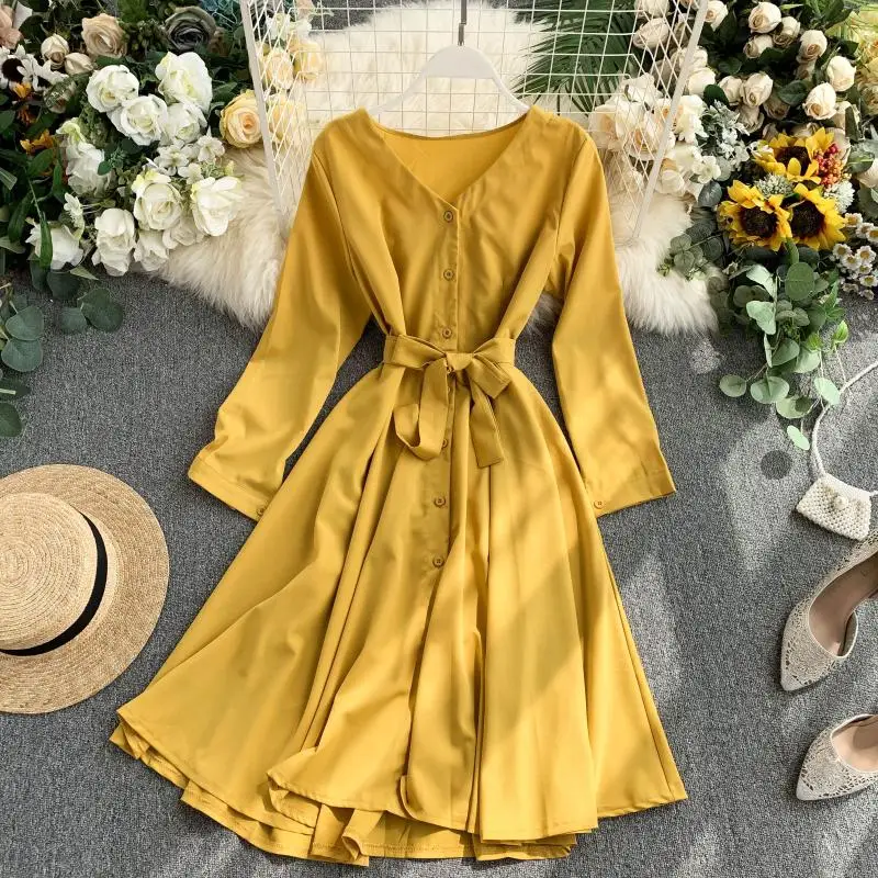 

Fashion 2019 V Neck Button Up Slim Autumn Midi Dress Bandage Party Vestido De Festa Women Casual Long Sleeve A-Line Tie Vestidos