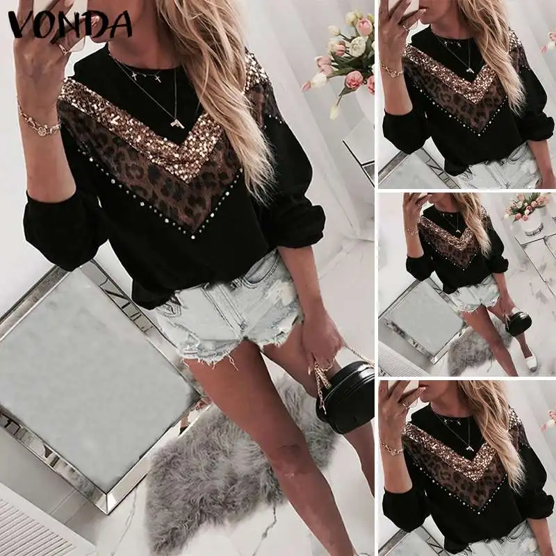 VONDA Vintage Sweaters Plus Size Women Leopard Patchwork Blouses Casual Knitwear Long Sleeve Round Neck Knitted Sweater S-5XL
