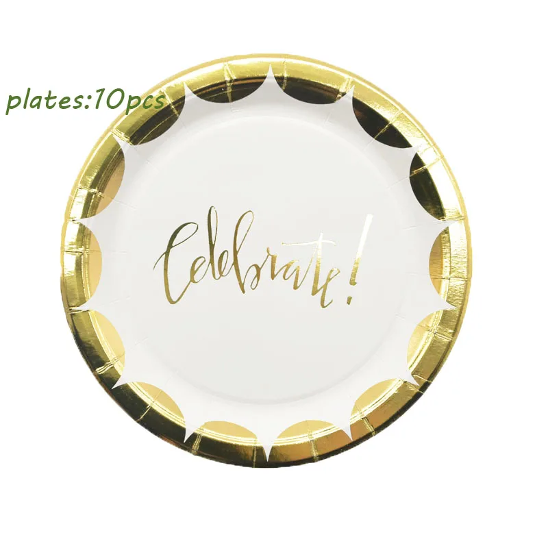 10pcs plates Праздничная тема фольга Золотое кружево Свадебные украшения одноразовая посуда бумажные тарелки соломинки с днем рождения вечерние принадлежности - Цвет: 10pcs plates