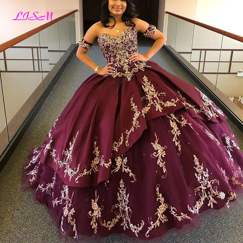 Милое платье Quinceanera с золотыми аппликациями многоярусная юбка бусинами милое для