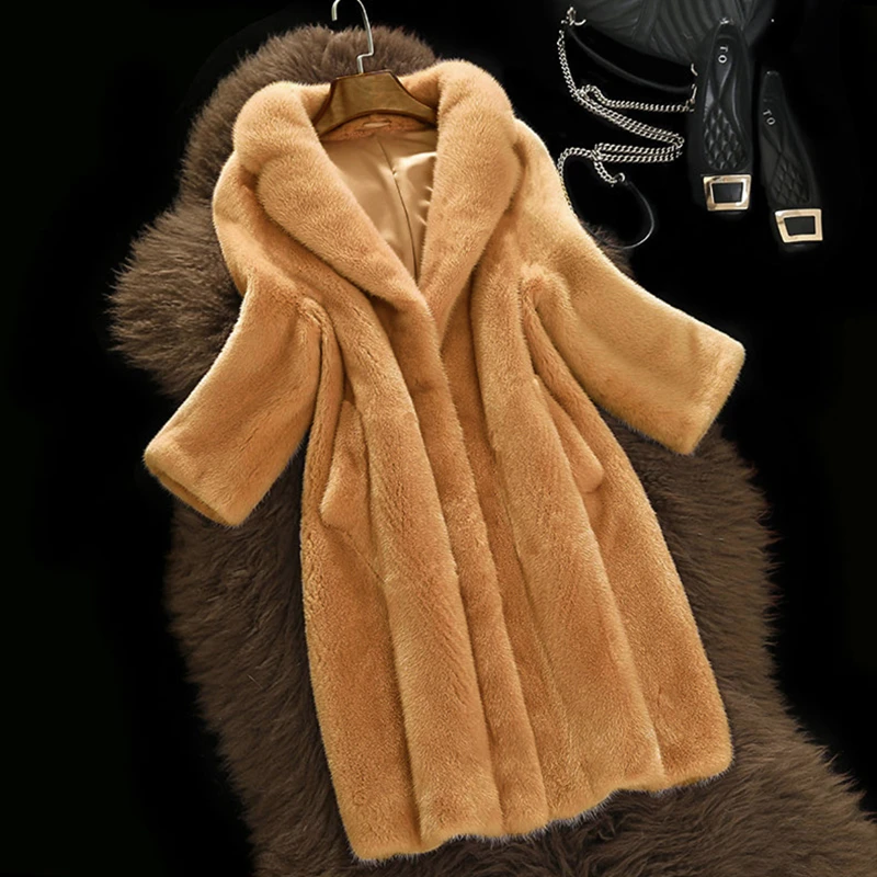 Зимняя женская тонкая куртка из искусственного меха с отворотом, толстое длинное пальто, пушистое пальто из искусственного меха, розовые меховые пальто размера плюс, Женская Корейская одежда - Цвет: Camel