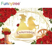 Funnytree Red Rose Western QuinceaƱera Backdrop Girl Princess Sweet 15 16 Sixteen 15th Birthday Party Decor Banner Background