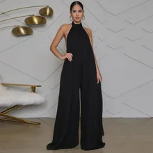 

Halter Sleeveless High Waist Chiffon Jumpsuit Summer Women Wide Leg Playsuits 2021 Elegant Loose Indie Open Back Pleated Rompers