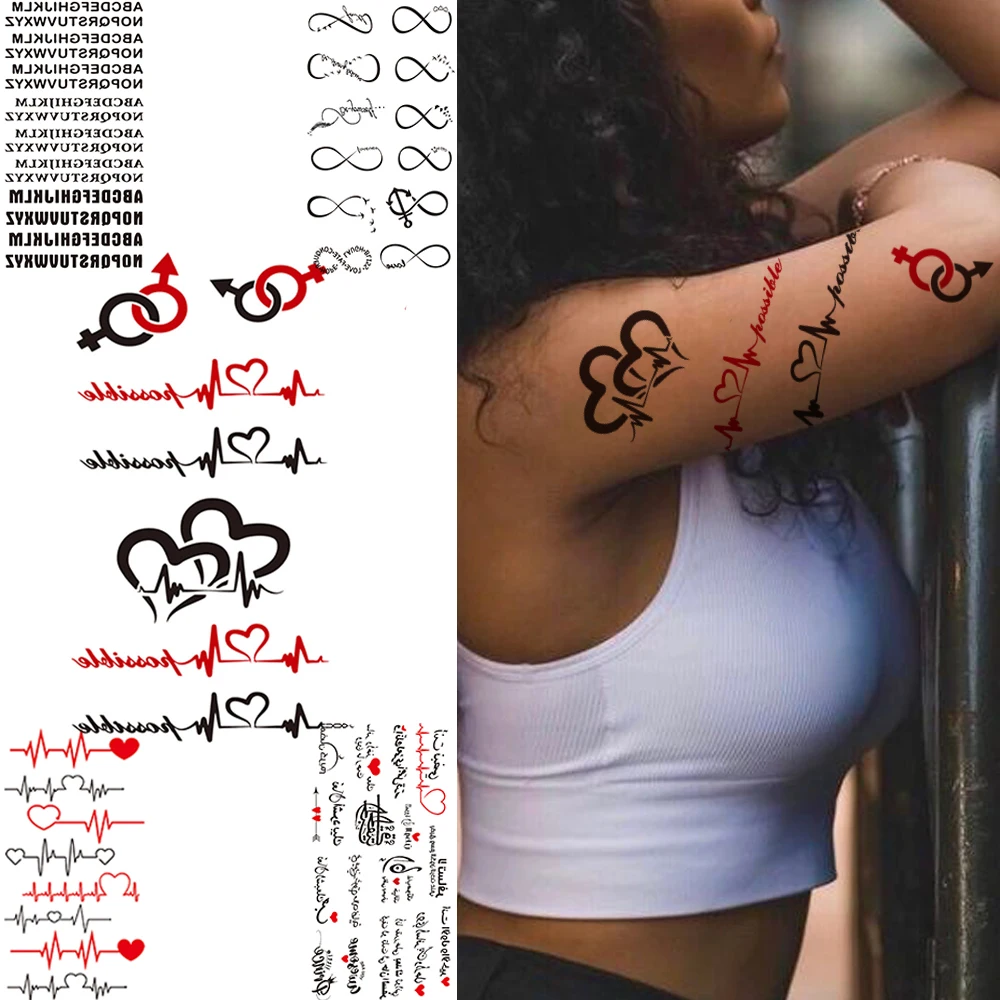 Tatouage Battement De Coeur Avec Lettre Faux tatouages temporaires pour femmes et enfants, symbole de cœur,  bricolage de petites lettres, mots noirs, tatouage étanche sans fin, pour  doigt, clavicule | AliExpress