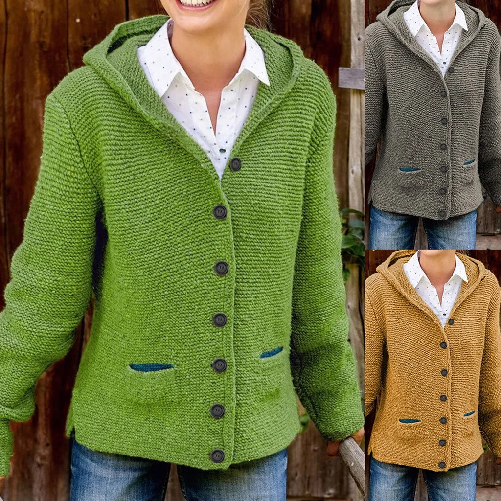 Womail Повседневный однотонный зимний модный вязаный свитер с карманами на пуговицах, женские топы, свободный однобортный свитер nouveaute