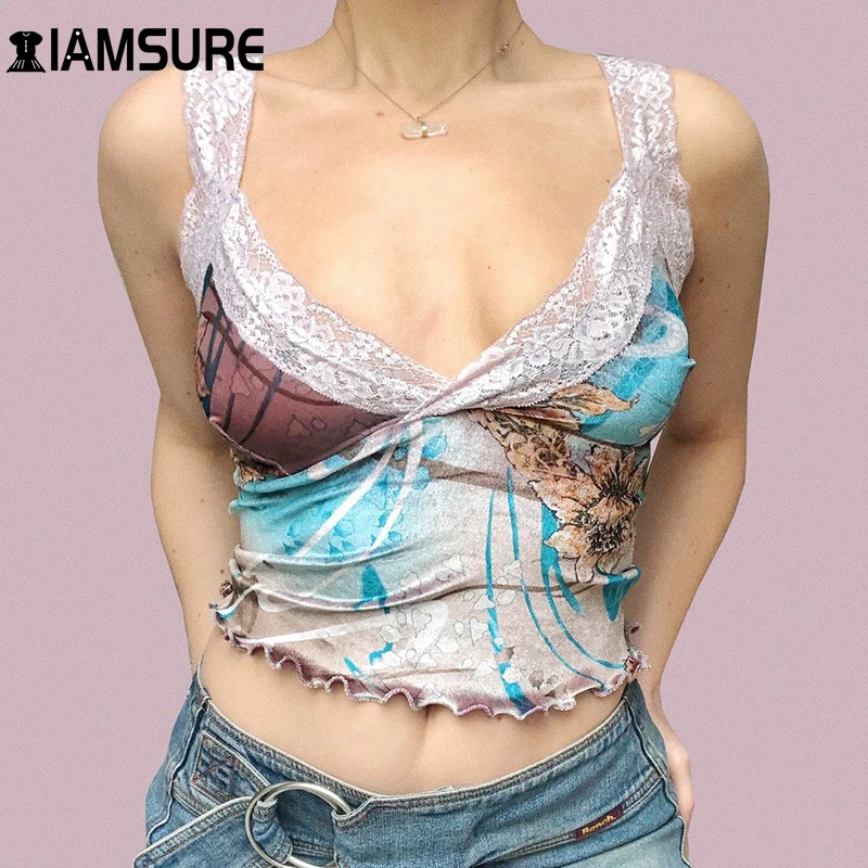 

IAMSURE 2020 Fashion Lace Trim Print Bustier Camisoles Women Skinny Slim Deep V Neck Spaghetti Straps Crop Top Holiday Clubwear