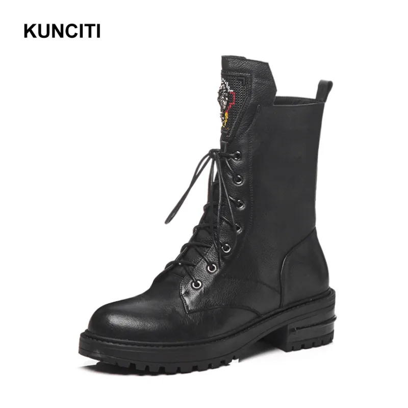 KUNCITI/ ковбойские ботинки для женщин; женские зимние ботинки до середины икры на высоком каблуке женские ботинки-гладиаторы на шнуровке натуральная кожа; D9195