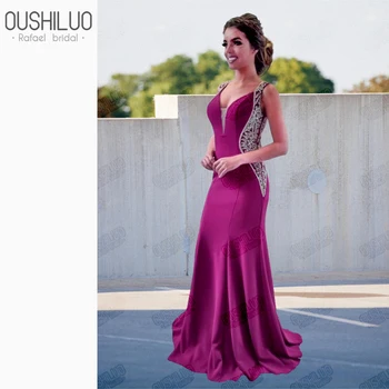

Formal Backless Fushcia Evening Dress Mermaid With Beading Sequins Ruffles Pleating V-Neck Peony Fishtail Party Gown Sweep Train