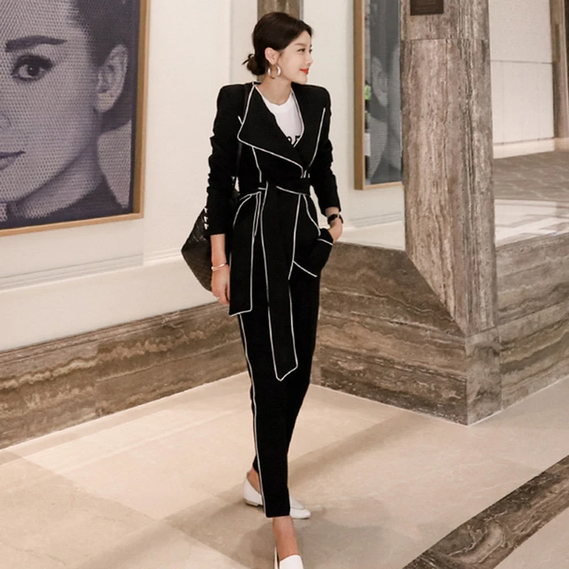 Элегантный осенний костюм с брюками комплект из двух предметов топ и брюки Блейзер пояса для пальто+ женские офисные длинные брюки костюмы наборы