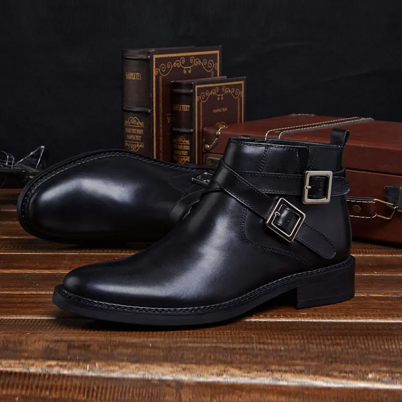 

Black Hot Sale Winter Luxury Designers Men Dress Boots Business Handmade Genuine Leather Ankle Boots Men Buckle Dress Boots