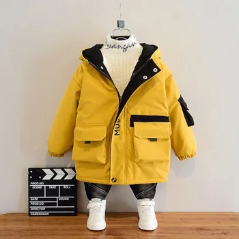 

Boys' fleece-lined jacket spring and autumn children's trench coat mid-length cotton-padded clothes autumn winter Korean style