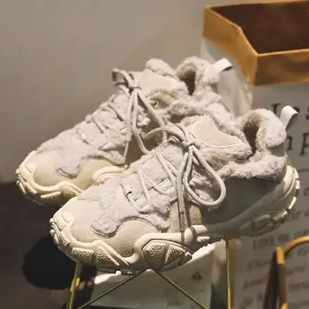 

2020 Spring Warm Shoes Women Platform Sneakers with Fur Fashion Brand Ladies Chunky footware Plush Female zapatos de mujer Beige