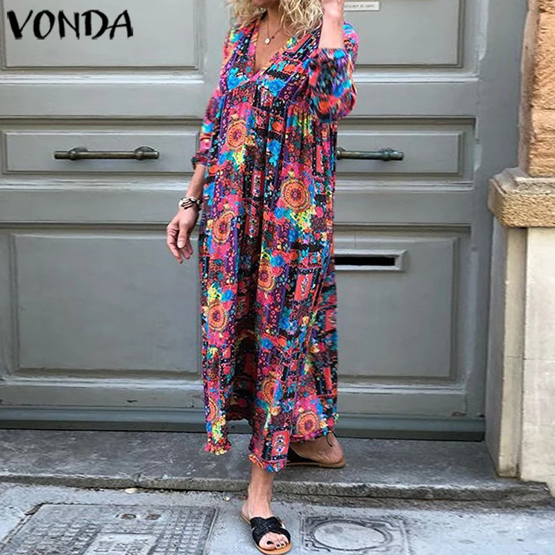 VONDA, женское платье, винтажное, v-образный вырез, богемное, с принтом, длинное, макси, платья размера плюс вечерние, Vestidos, летний сарафан, сексуальное, Femme Robe S-5XL