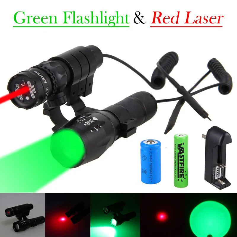 

5000Lm GREEN Q5 Tactical Zoomable Hunting Light Weapon Flashlight+Green/Red Dot Laser Sight Rifle Gun Scope Mount+18650+16340