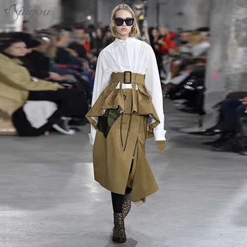 

2020 New Chic Fashion Skirt Two-Piece Female Stand Collar Long Sleeve High Waist Belt Irregular Skirt Casual Set