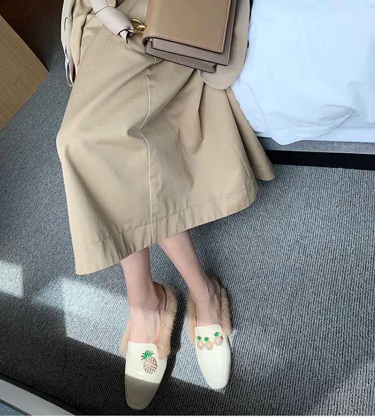 Womens Real Rabbit Fur Backless Pineapple Pearls Leather Slipper Mule Slide Princetown Shoes Square Toe Mules Warm