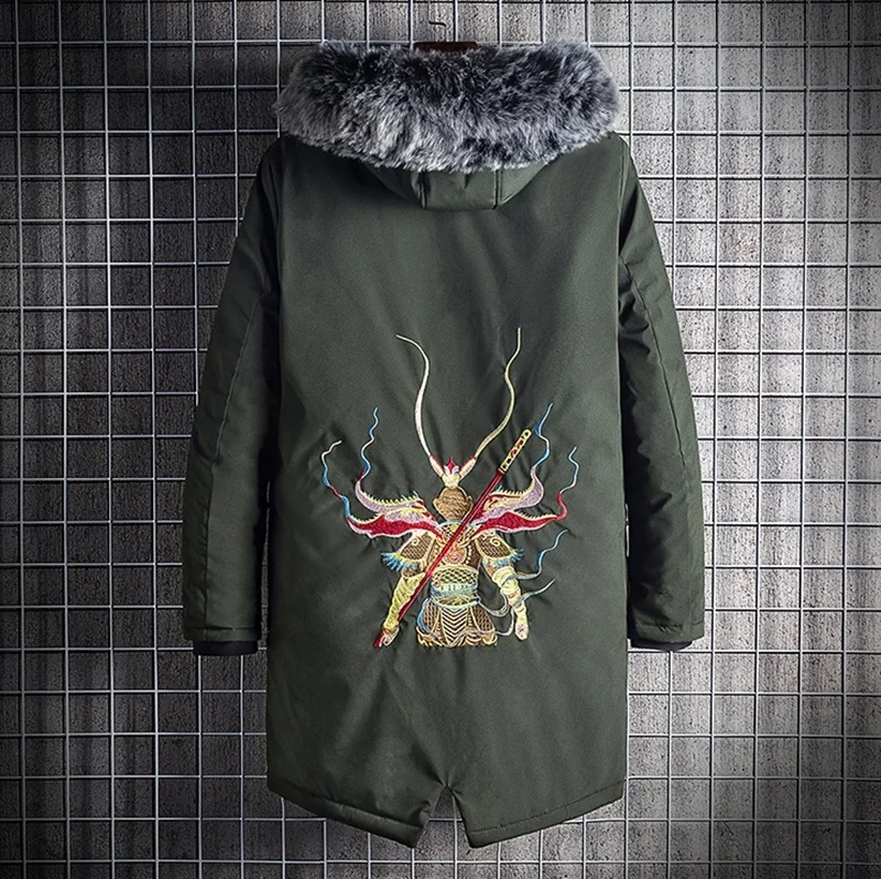 Retro Long Sleeve Parkas Men Winter Jacket Warm Oversized Coat Hip-Pop Embroidery Hooded Long Jackets For Men KK3039