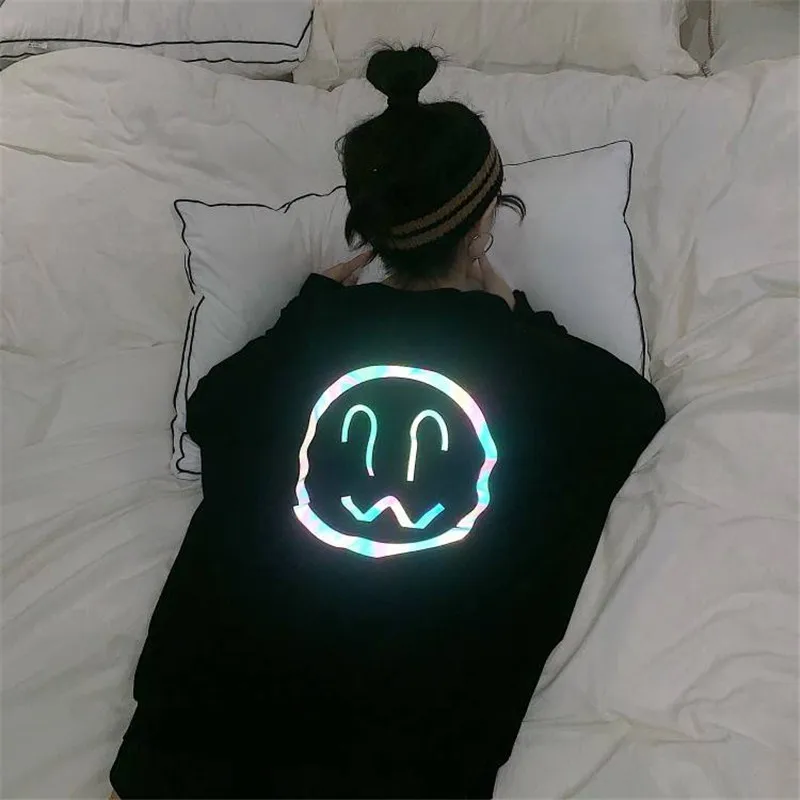 Women Hoodie Sweatshirts Smile Print Headwear Hoodie Hip Hop Streetwear Autumn Loose Reflective Tops Female Japanese Hoodie Girl