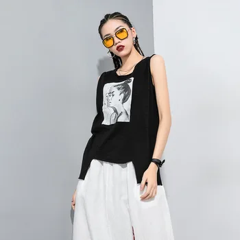 

BF Popular Printing Sleeveless T-shirt Streetwear 2020 Summer Crew Neck Pullover Cool Irregular Sleeveless Top For Women