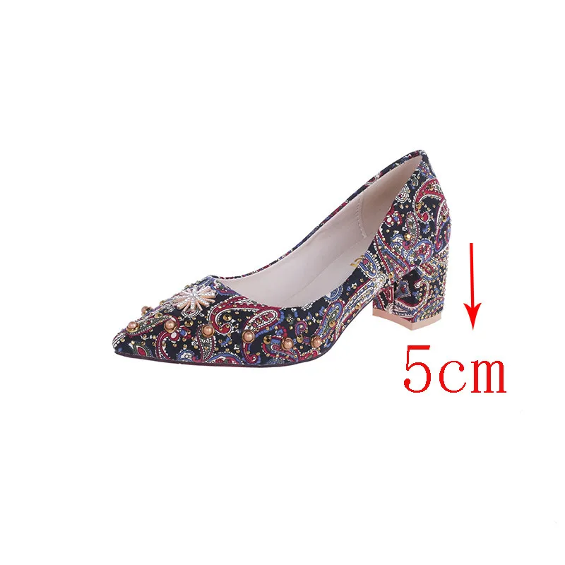 Retro Rhinestone Pearl Embellished Women Pumps Suede Leather Block Heel Vintage Formal Party Diamond Beaded Shoes - Color: black 5cm