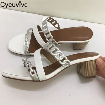 

Chic Pig Nose Chain Women Slippers Comfy Chunky Sole Mid Heel Party Shoes Woman Runway Summer Gladiator Sandals Femme