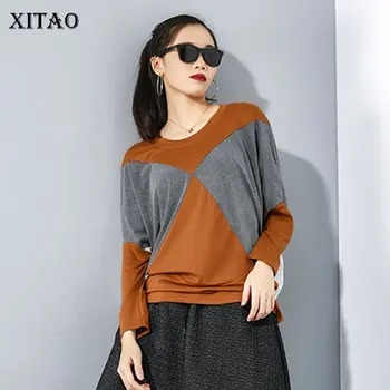 

XITAO Hit Color Irregular Tee Women Fashion New 2019 Autumn Pleated Pullover Elegant Small Fresh Batwing Sleeve T Shirt WLD2613