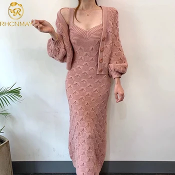 Chic Knitted Single-breasted Lantern Sleeve Cardigan Sweater with V Neck Sleeveless Sweater Dress 2 Piece Set 1