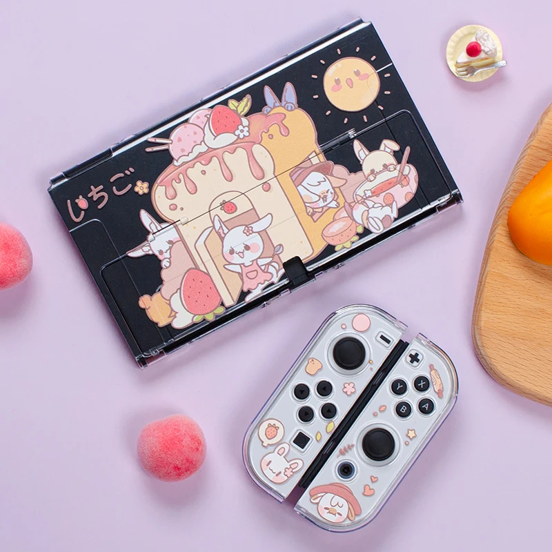 

Cute Bunny Protective Shell for Nintendo Switch OLED Transparent Soft TPU Cover Console with 2pcs Grip Caps for Nintendo Switch