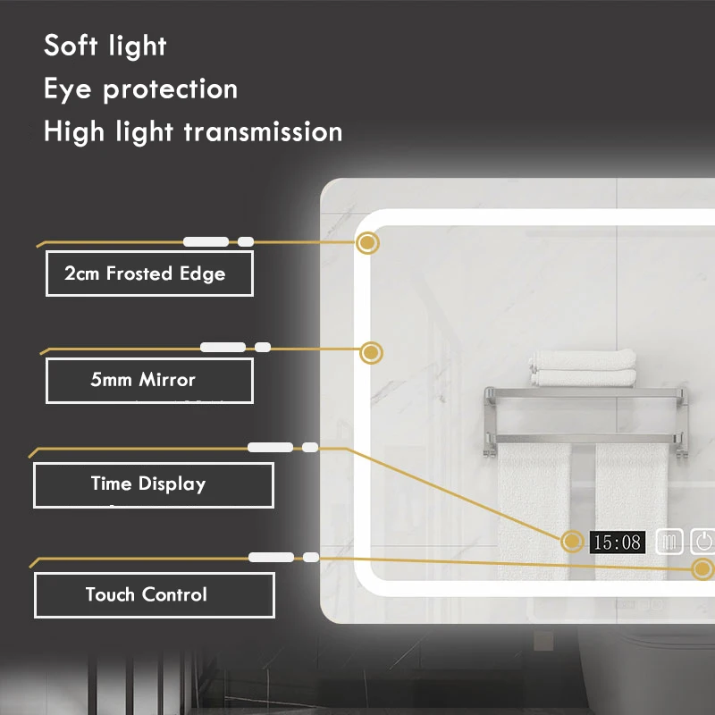 Espejo de baño Rectangular vertical, luz LED inteligente ajustable