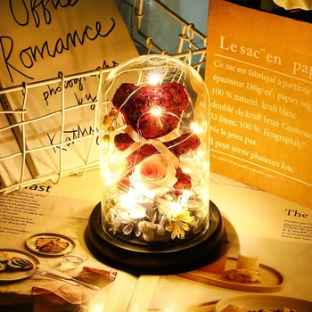 

New Teddy Bear Rose Flowers In Glass Dome Christmas Festival DIY Cheap Home Wedding Decoration Birthday Valentine's Day Gift D30