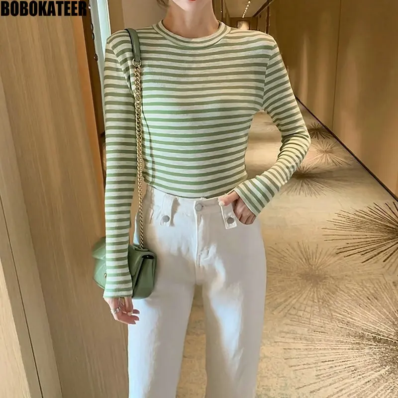 BOBOKATEER Winter Long Sleeve T shirt Women Tshirt Vintage Stripe Shirt Clothes Women Tops Stretch Cotton Tee Shirt Spring