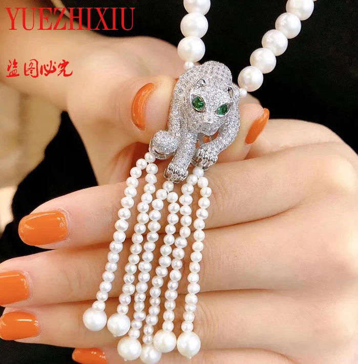 

HOT AAA white 8-9mm natural freshwater pearl jewelry sweater chain necklace Leopard head inlay zircon 5-6mm tassel sweater chain