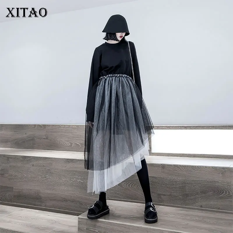 

XITAO High Waist Irregular Perspective Dress Women Pleated Pullover Autumn False Two Piece Elegant Mesh Dress GCC2130
