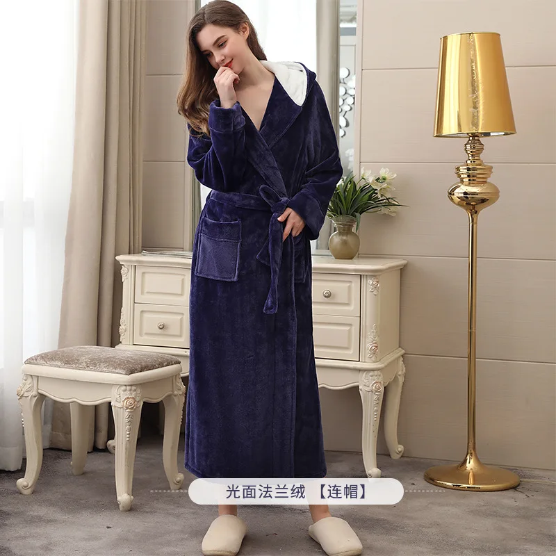 Women Night Robe Nightwear Sleepwear Dress Autumn And Winter Flannel Robe Hooded Bathrobe Thick Pajamas Plus-sized - Color: Navy Women s