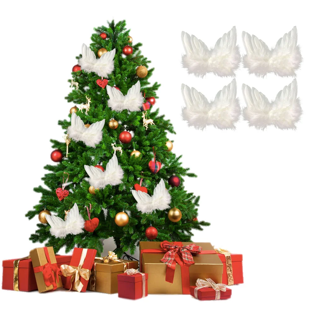 10pcs Christmas Tree Decoration Mini White Feather Wing Christmas Tree Hanging Ornaments for Wedding Home Xmas Party Decoration