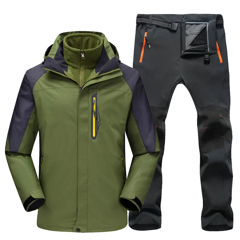 TRVLWEGO водонепроницаемый лыжный костюм Мужская куртка лыжные брюки для прогулок мужские зимние уличные лыжные зимние сноуборд флисовая куртка брюки наборы - Цвет: army gray