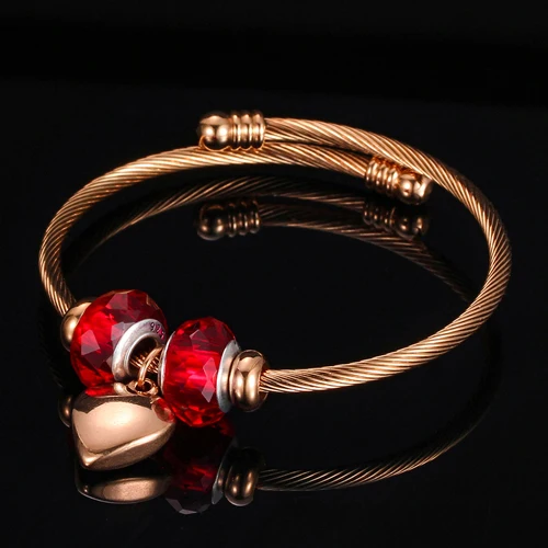rose red bead Модные Сменные Нержавеющая сталь кабель проволочные браслеты с бисер Мурано Горячая вышитый бисером сердце Шарм Браслеты на запястье для Для женщин - Окраска металла: rose red bead