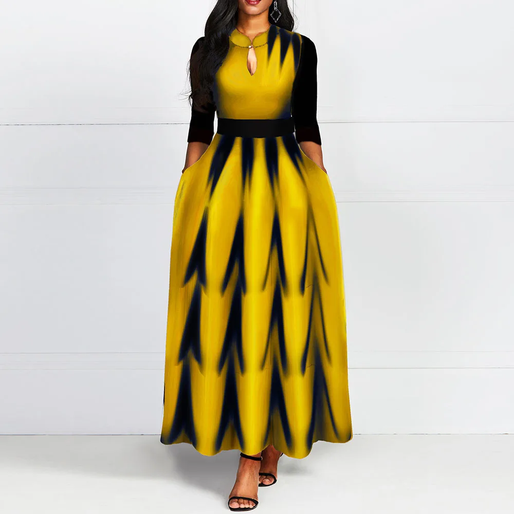 

Yellow Print Long Dress Women Elegant African 2020 Spring Office Ladies A Line African Maxi Dresses Robe Casual Fashion Vestiods