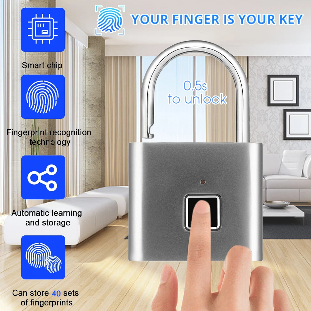 

Fingerprint Lock Smart Padlock Thumbprint Door Padlocks Fingerprint Lock For Bag Drawer Suitcase Waterproof USB Charging