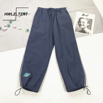 

HWLZLTZHT Harajuku cartoon embroidery Denim Pants Women Japanese High Waist Cute Pants Korean Kawaii Girls Wide Leg Trousers