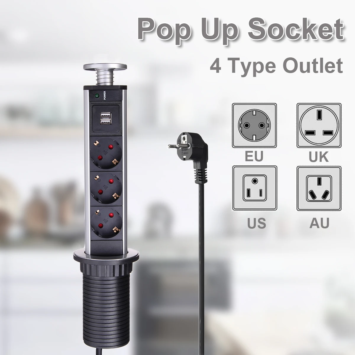 

EU/UK/US/AU Hidden Tabletop Pull Pop Up Socket Outlet with USB Kitchen Table Desktop 3 Sockets 2 USB Charging Ports Power Strip