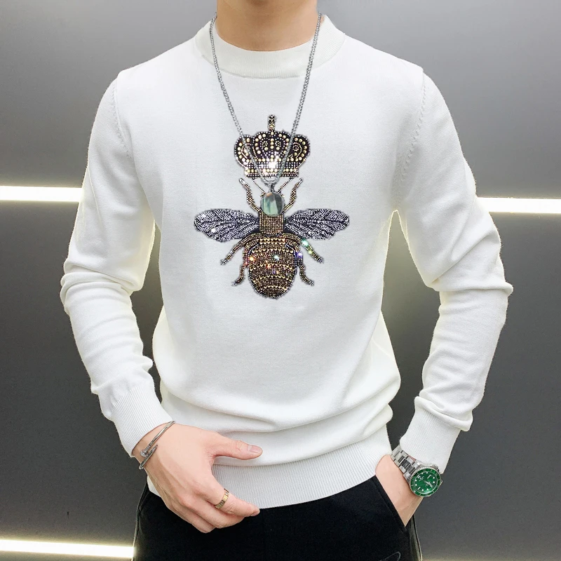 Korea Perfect Hot Rhinestone O-Neck Soft Velvet Bee Pattern Men's Sweater Long Sleeve Fashion Oversized Pullover black sweater men